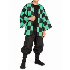 Demon Slayer Kids Tanjiro Checkered Haori & Black Pants Cosplay Set | XL